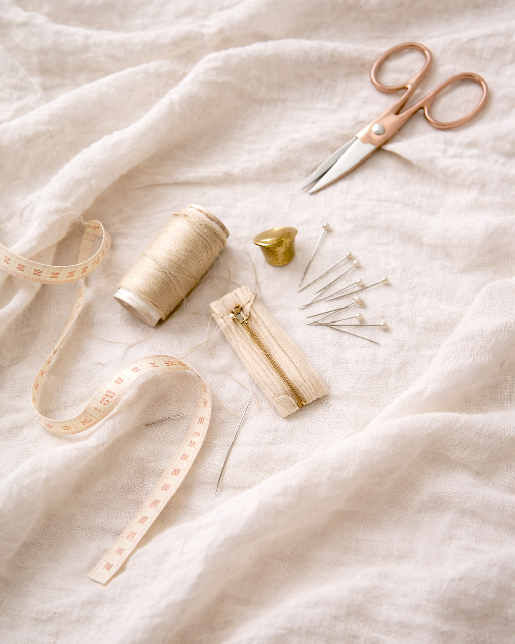 Scissors, thread, pins, and measuring tape on a textured fabric surface