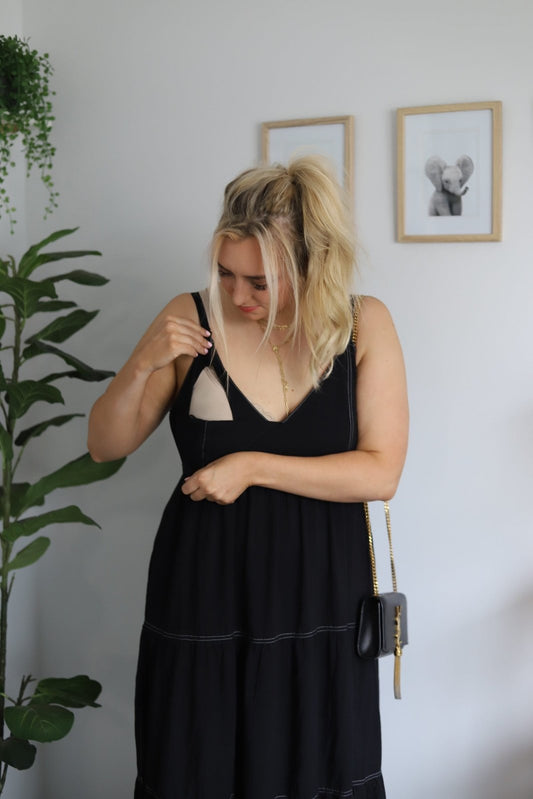 Black maxi dress with discreet nursing access (breastfeeding friendly)