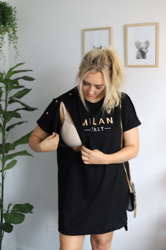 Black mini dress with breastfeeding access