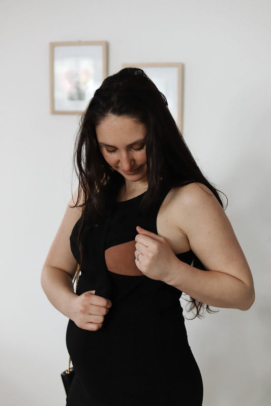 Black ribbed mini dress with breastfeeding access